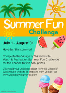 A flyer advertising the Village of Williamsville Summer Fun Challenge July 1 -August 31 2024.